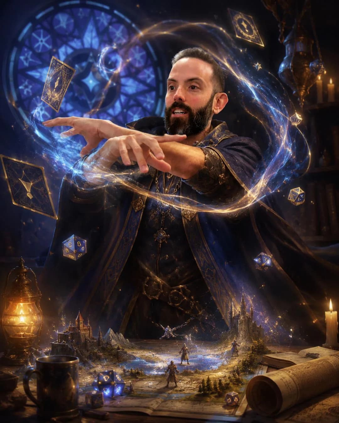 An illustrated portrait of Daniel Rocha as a Game Master, conjuring a glowing map of a fantasy world above the table