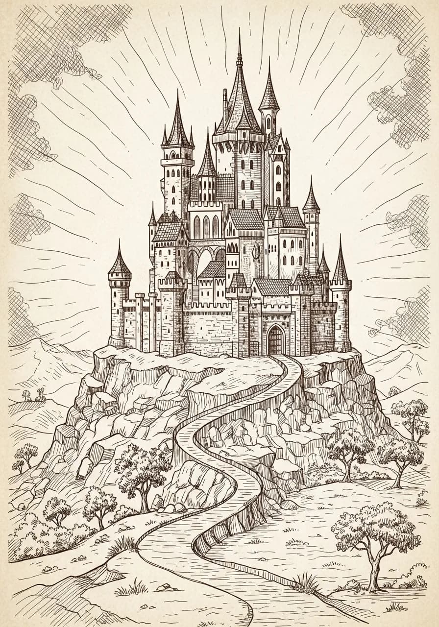 Pen-and-ink illustration of a castle on a hill
